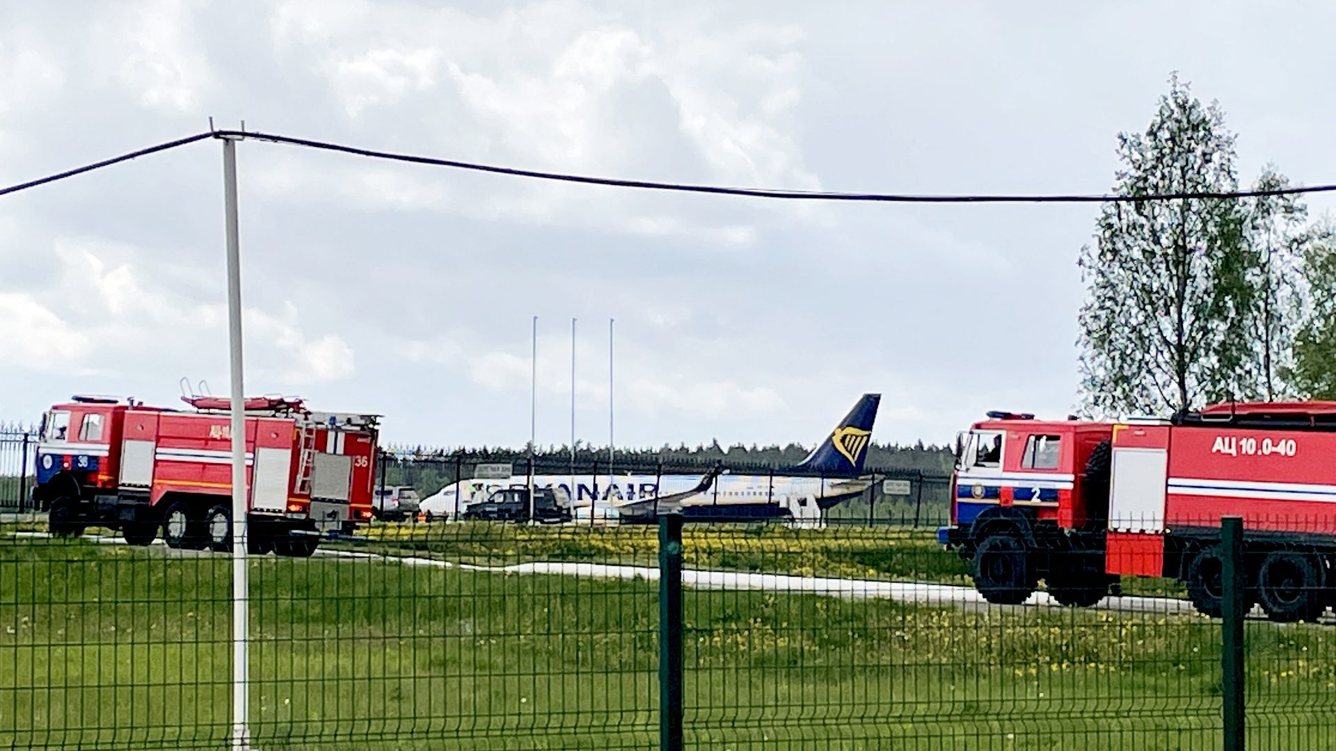 Ryanair flight FR4978 at Minsk International Airport after it made an emergency landing there. Passenger, opposition activist Roman Protasevich, was removed from the aircraft - Credit: AFP via Getty Images