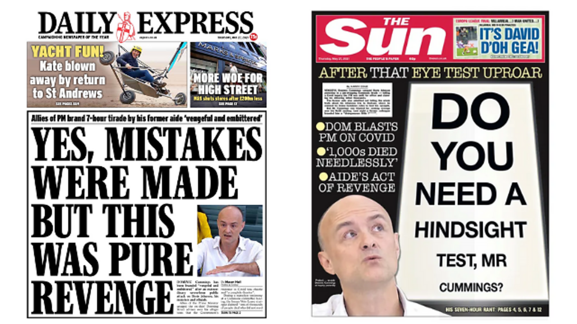 Front covers of the Daily Express and The Sun after Dominic Cummings' evidence - Credit: Twitter