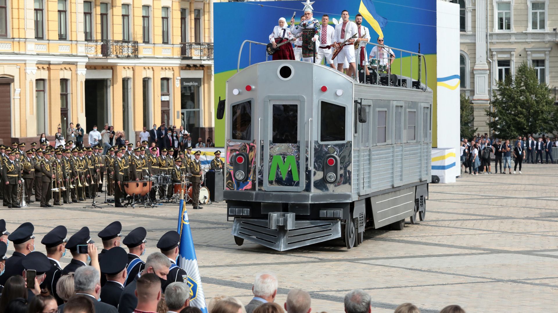 Singer Verka Serduchka (Andrii Danylko) makes a flamboyant appearance atop a 'train' for Ukraine's 29th Independence Day celebration in Kiev, in August 2020 - Credit: Barcroft Media via Getty Images