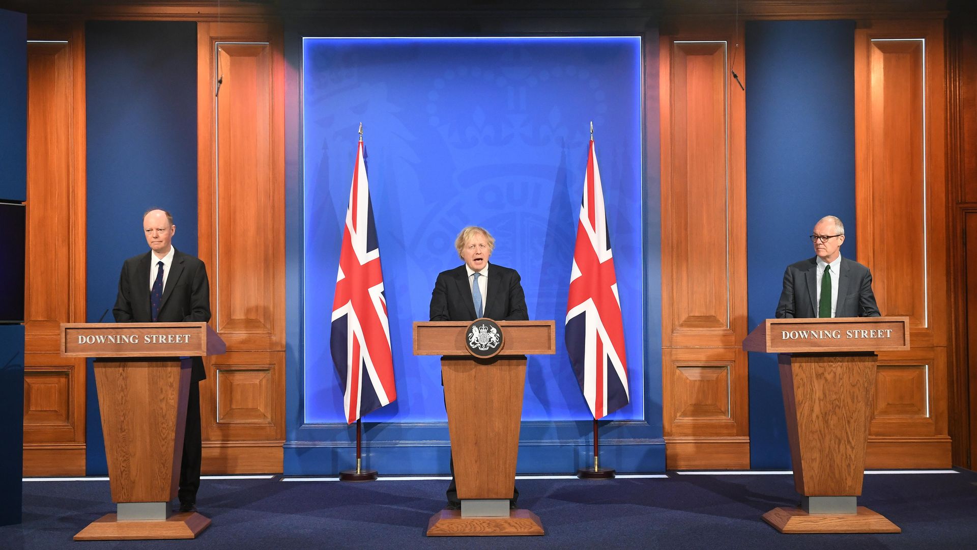 (left to right) Chief Medical Officer Professor Chris Whitty, Prime Minister Boris Johnson and Chief scientific adviser Sir Patrick Vallance, during a media briefing in Downing Street - Credit: PA