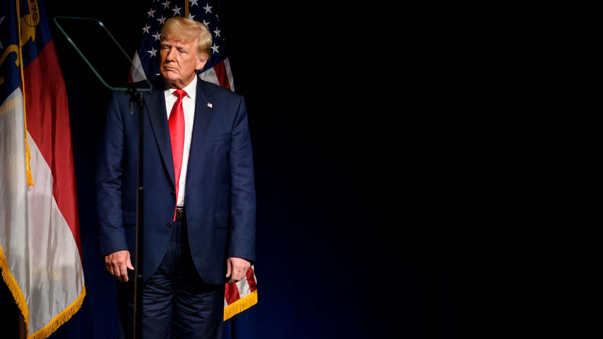 Former U.S. president Donald Trump appears to be wearing his trousers back-to-front at the Republicans' North Carolina state convention on June 5, 2021 in Greenville, North Carolina. - Credit: Photo by Melissa Sue Gerrits/Getty Images