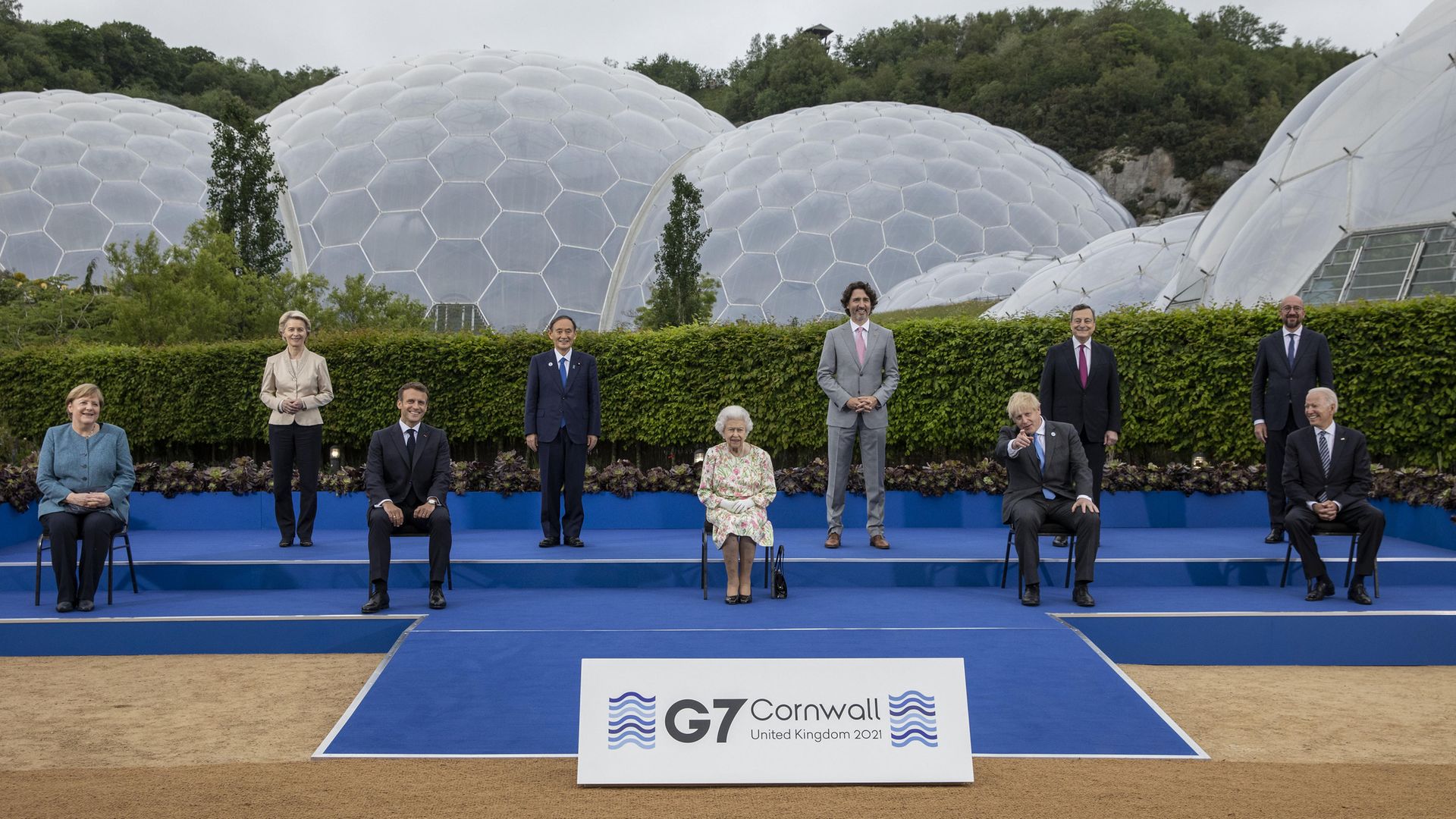 The Q, poses with G7 leaders at a reception at the Eden Project, in Cornwall. (Left to right, back row: president of the European Commission Ursula von der Leyen, Japanese PM Yoshihide Suga, Canadian PM Justin Trudeau, Italian PM Mario Draghi, president of the European Council Charles Michel; front row, left to right) German chancellor Angela Merkel, French president Emmanuel Macron, British PM Boris Johnson and US president Joe Biden) - Credit: PA