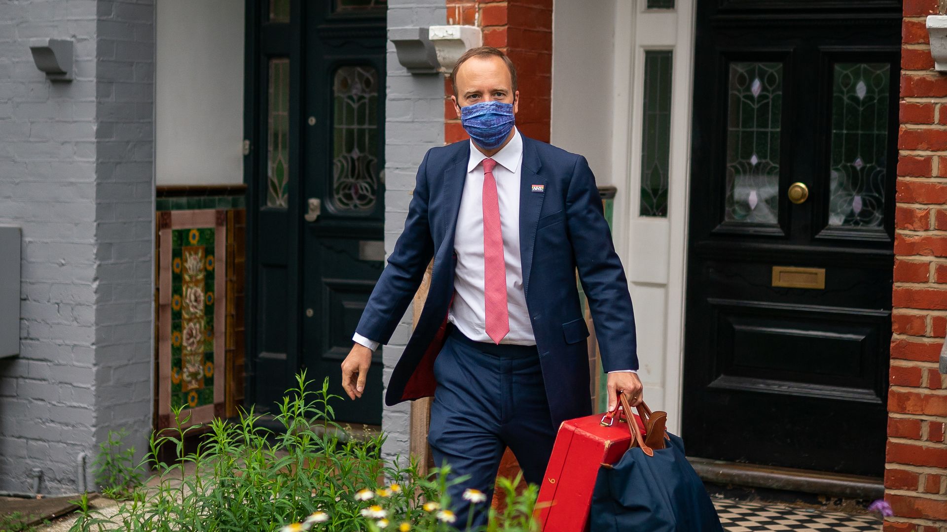 Health Minister Matt Hancock outside his home in north-west London, the day after a series of WhatsApp exchanges were published, criticising him over coronavirus testing - Credit: PA