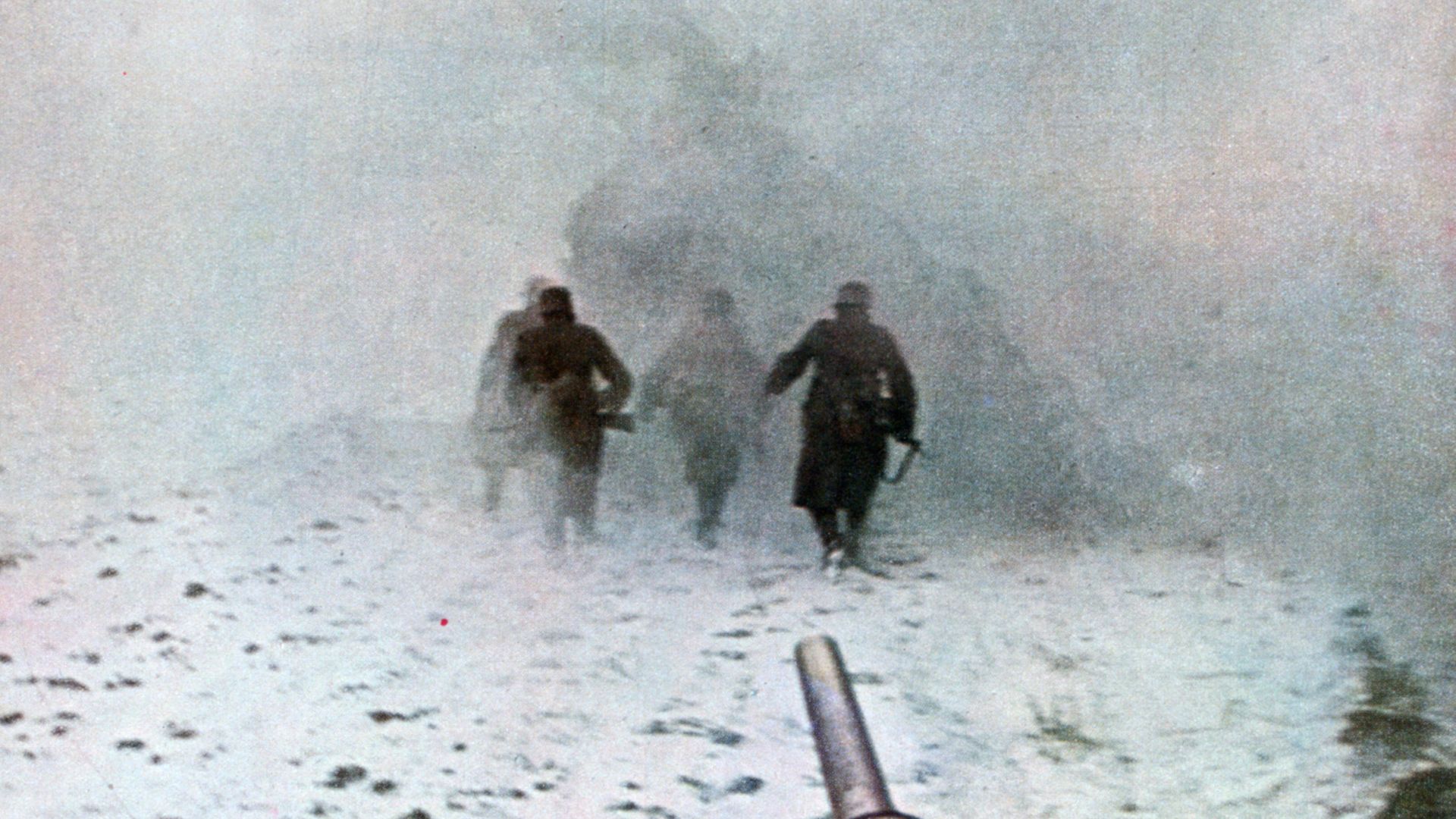 German soldiers advance in wintry conditions during the Battle of Moscow. The image is a Signal, a magazine published by the Wehrmacht from 1940 to 1945 - Credit: Print Collector/Getty Images