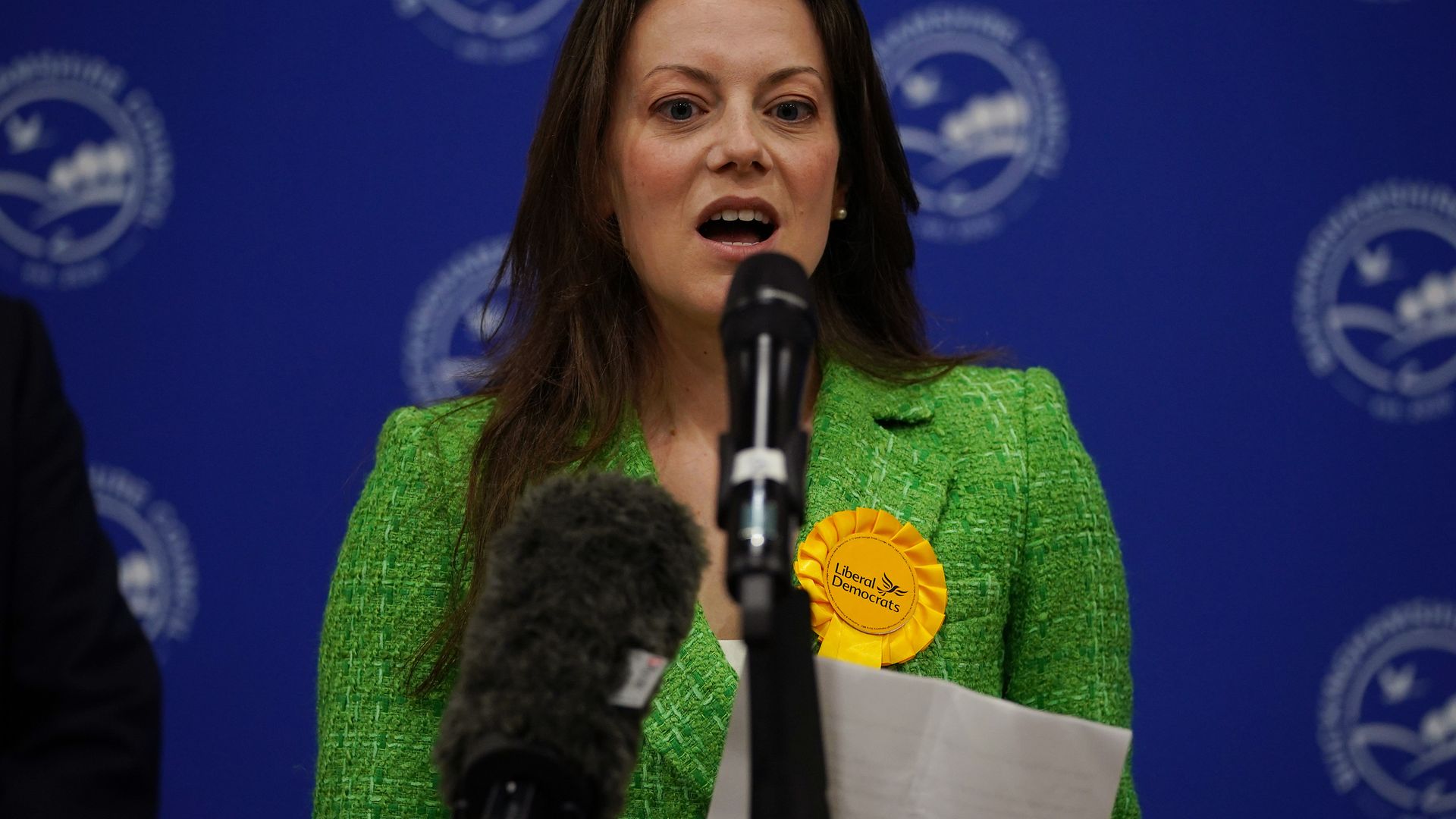 Sarah Green of the Liberal Democrats makes a speech after being declared winner in the Chesham and Amersham by-election at Chesham Leisure Centre in Chesham, Buckinghamshire - Credit: PA