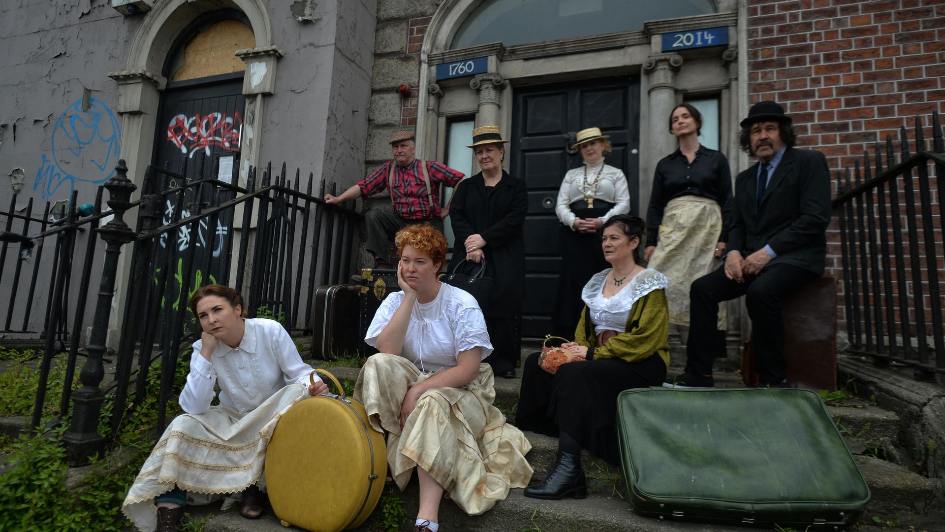 Irish actors (from left) Katie O'Kelly, Donal O'Kelly, Madi O'Carroll, Marion O'Dwyer, Sinead Murphy, Maria Hayden, Rachael Dowling and Stephen Rea, protest in front of 15 Usher's Island, made famous by a James Joyce short story, The Dead - Credit: NurPhoto via Getty Images