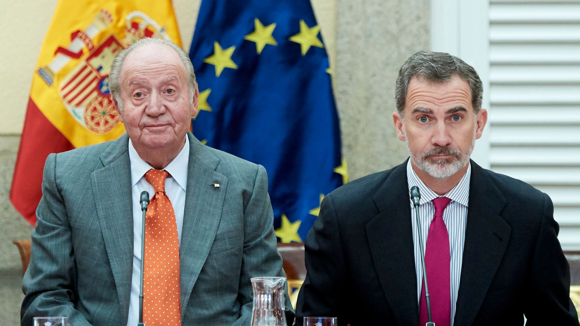 King Felipe VI of Spain (R) and King Juan Carlos (L) in May 2019 - Credit: Photo by Carlos Alvarez/Getty Images