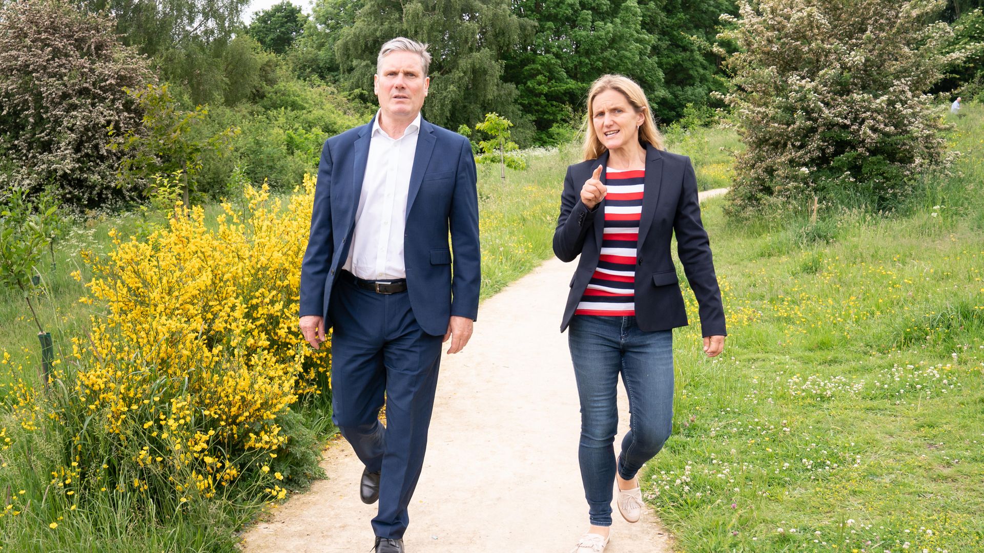 Labour Leader Keir Starmer and Labour candidate Kim Leadbeater during a visit to the Jo Cox Community Wood in Liversedge - Credit: PA