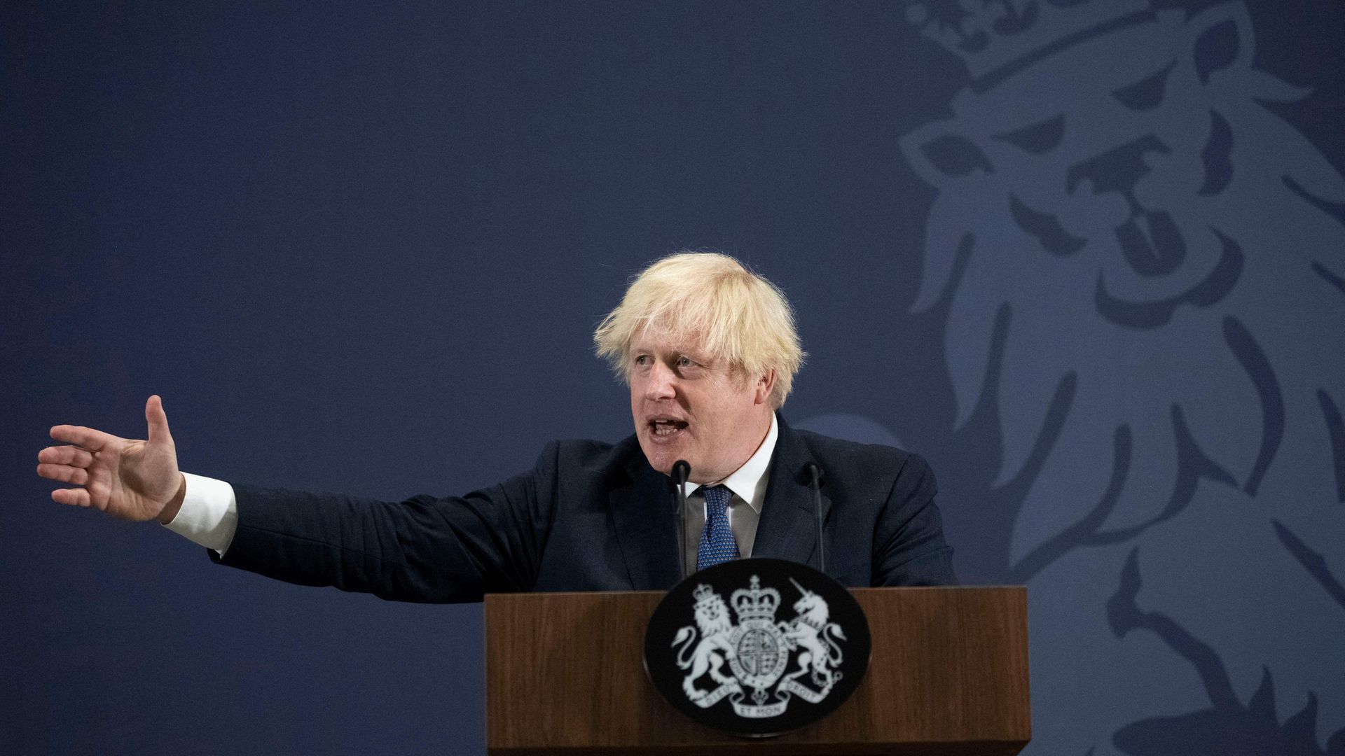 Boris Johnson gesticulates during his rambling and detail-light speech on levelling up in the regions. Photo by David Rose / POOL / AFP via Getty Images.