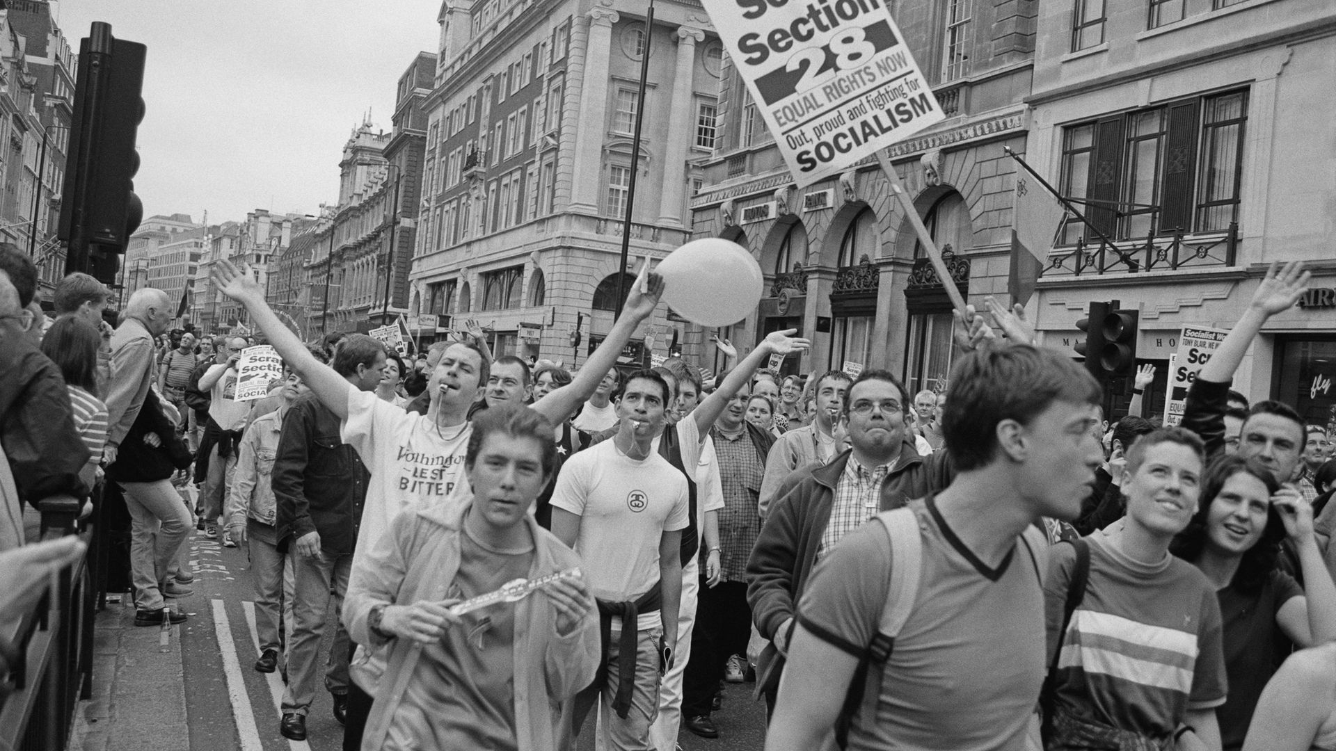 Protestors against Section 28, during an LGBT Pride event in London, in July 1998 - Credit: Getty Images