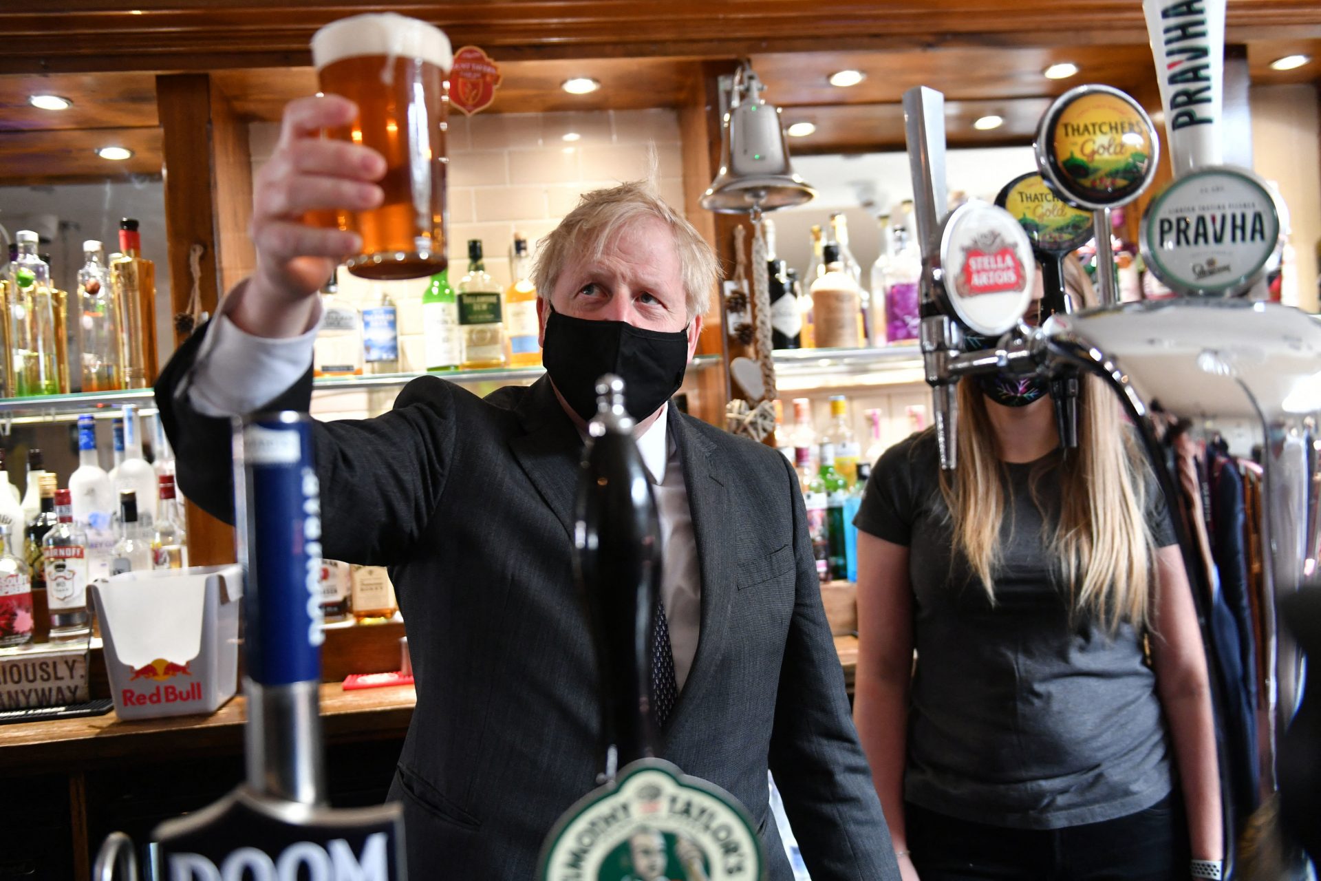 Bighead with a big head: Boris Johnson during a visit to The Mount Tavern pub and restaurant in Wolverhampton. Photo by Jacob King/POOL/AFP via Getty Images.