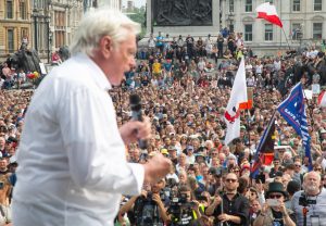 David Icke speaks at a London demo against Covid-19 restrictions. Icke has claimed that a world elite of shape-shifting reptiles includes the Queen, Tony Blair and American country singer Boxcar Willie