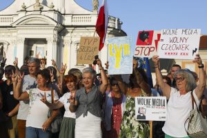 A ‘free media’ protest in Wadowice on August 10, part of nationwide rallies against the bill that would force the sale of Poland’s independent, balanced news network TVN24 to supporters of the ruling PiS party. Photo: Beata Zawrzel/NurPhoto via Getty Images 