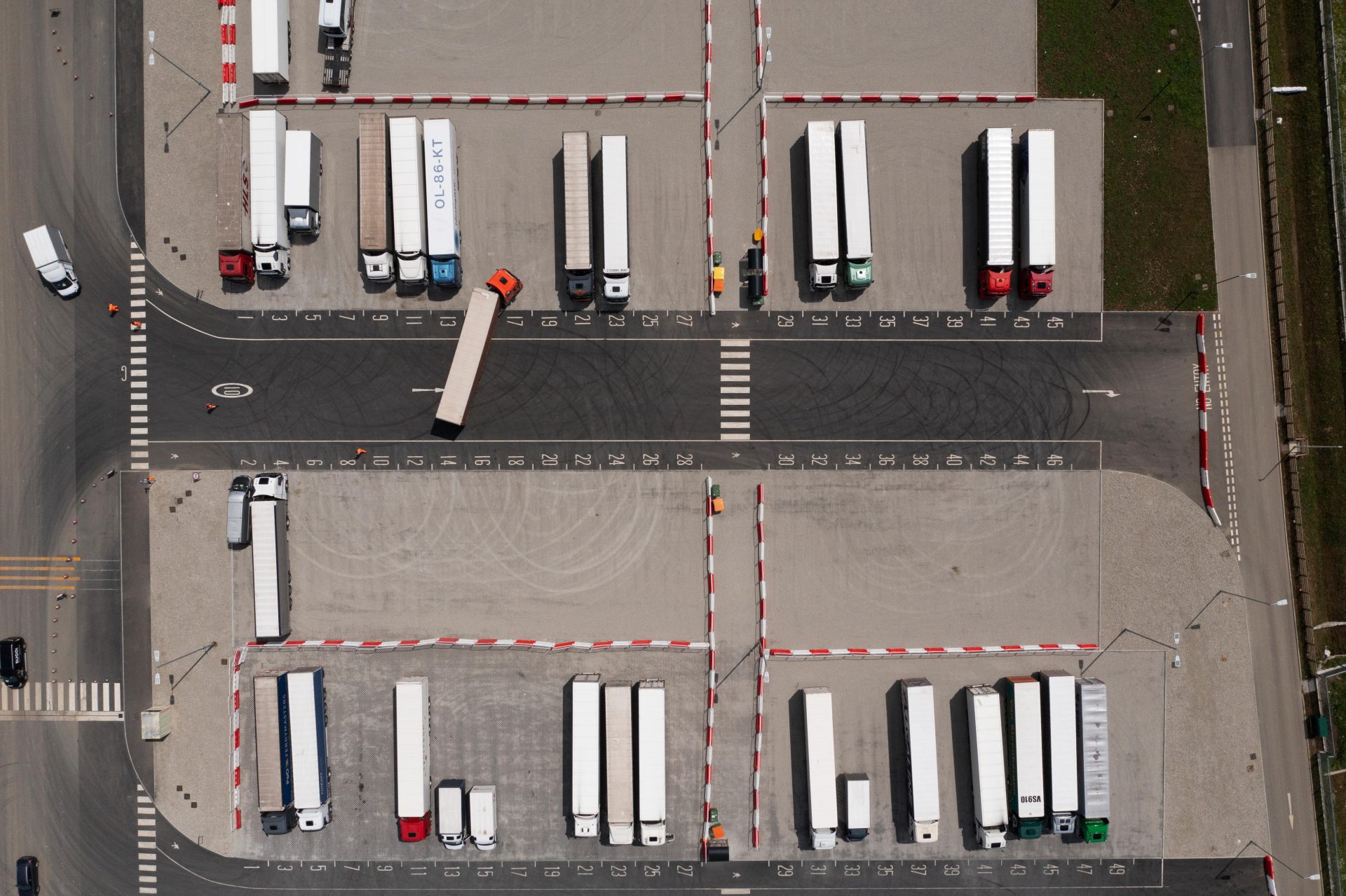 An aerial view of a lorry park near Ashford, Kent, in July 2021. Many hauliers are reporting a shortage of drivers. Photo: Getty Images.
