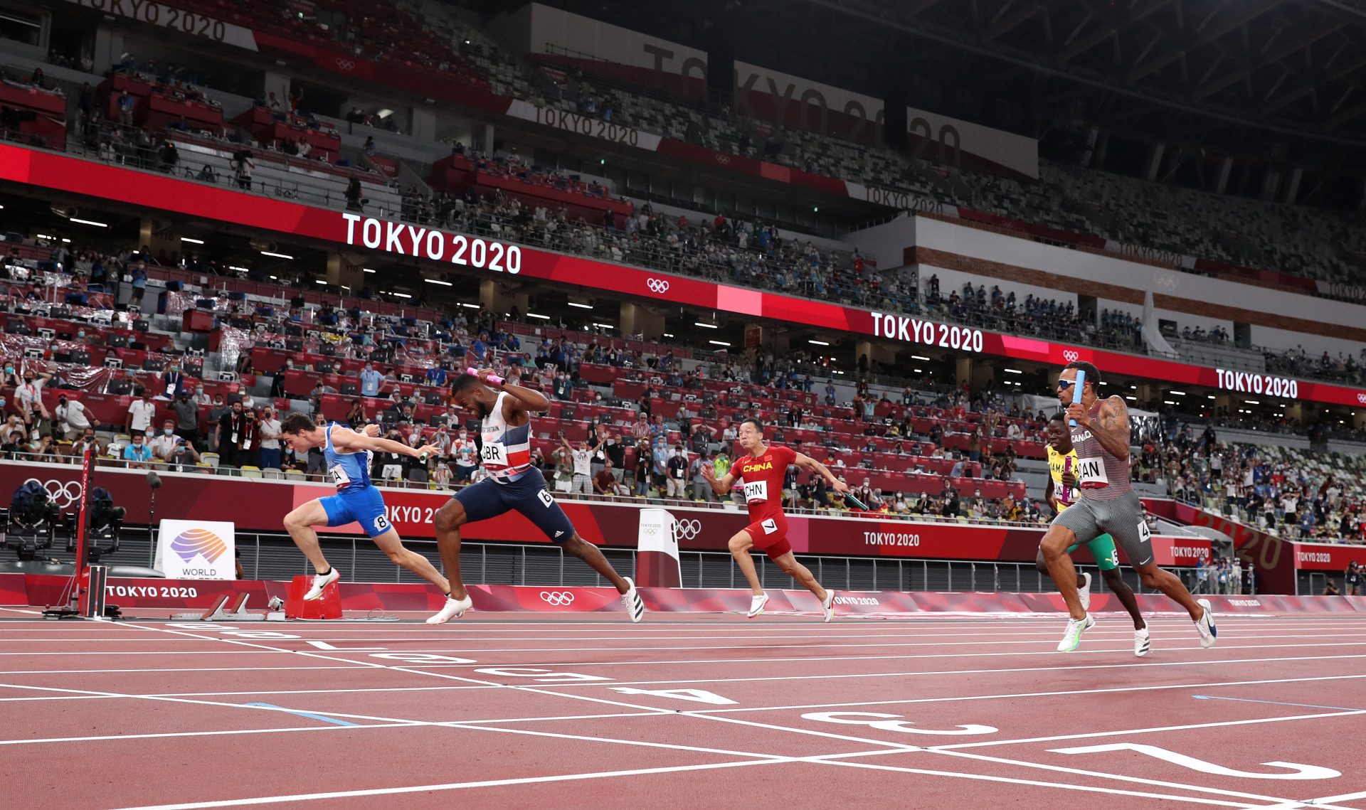 The close finish of the Men's 4 x 100m relay final at the Tokyo Olympics. Optimism helps drive Olympic success. Photograph: 2021 Getty Images.