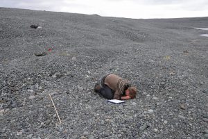 Hlynur Steinsson uses a magnifying glass to examine a tiny plant growing on mostly barren and gravel-covered land left behind by the receding Breidamerkurjokull glacier near Hof, Iceland. Photo: Sean Gallup/Getty Images.