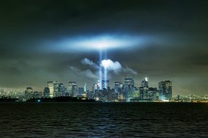 The Manhattan skyline with a tribute in lights for the victims of the 9/11 attacks. Photo: Steve Kelley/Getty Images.