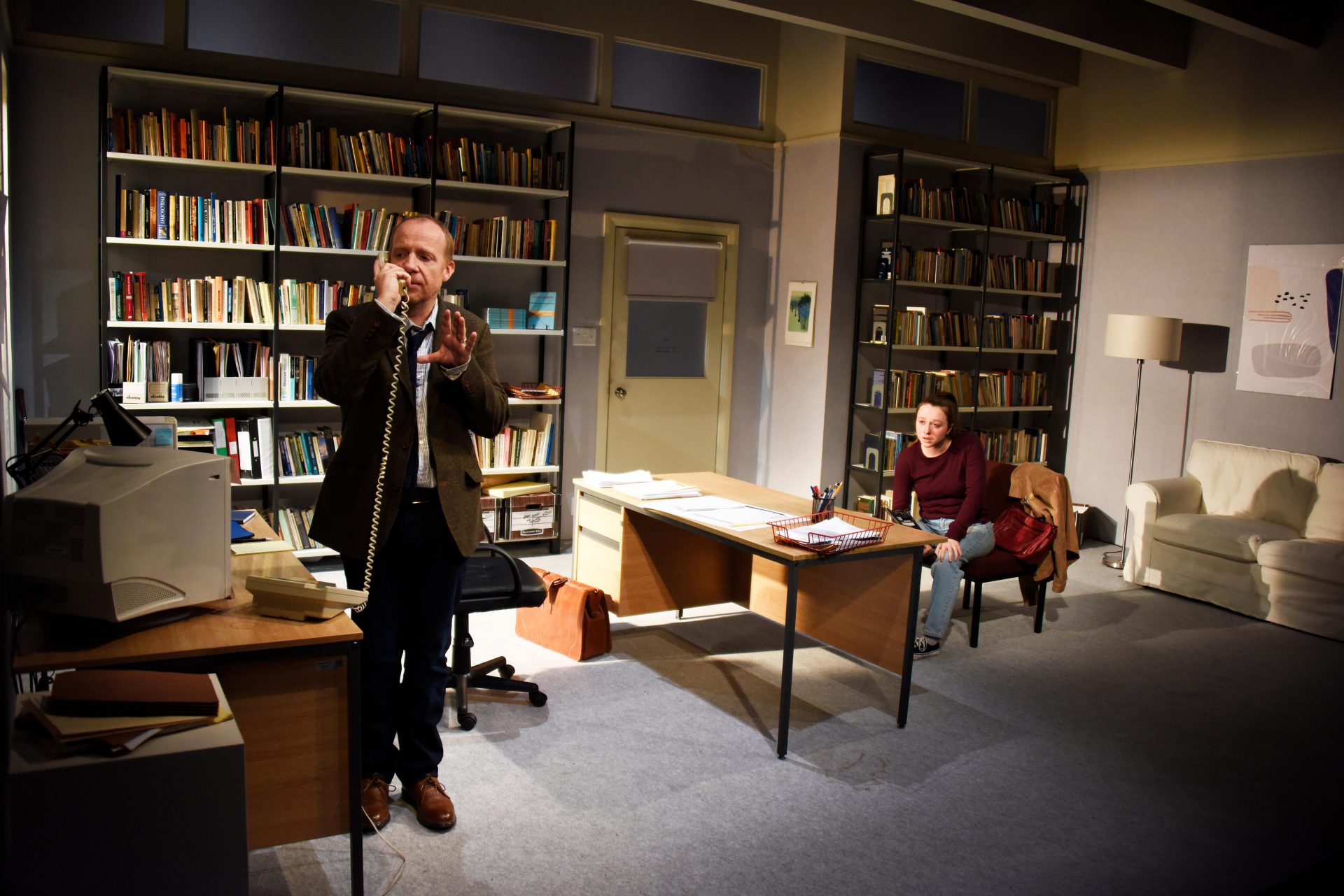 Playwright David Mamet
makes the wrong calls in
Oleanna at the Arts Theatre.
Pictured are Jonathan Slinger
and Rosie Sheehy. Credit: Nobby Clark