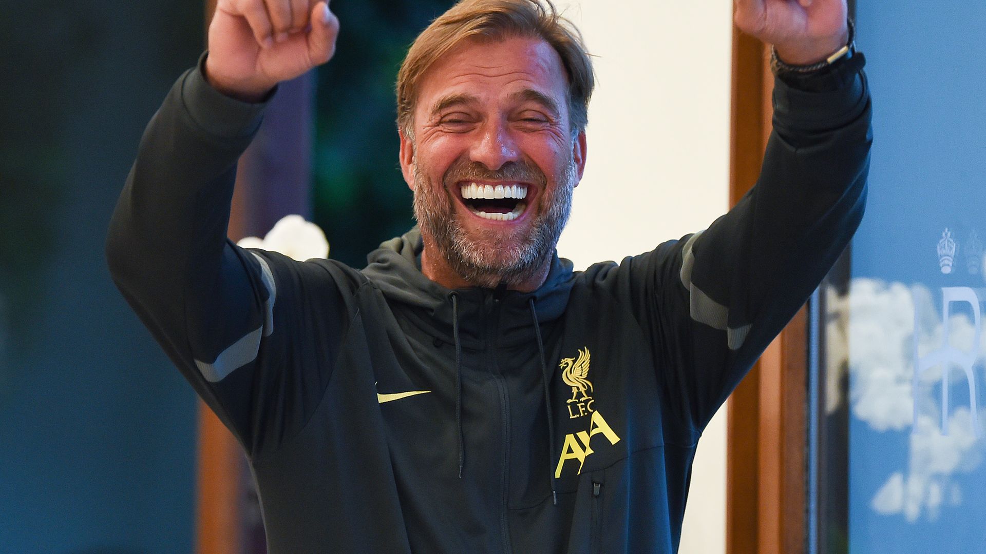Liverpool manager Jurgen Klopp manager celebrates during a table tennis tournament at their pre-season training camp in  Evian-les-Bains, France - Credit: Photo by John Powell/Liverpool FC via Getty Images