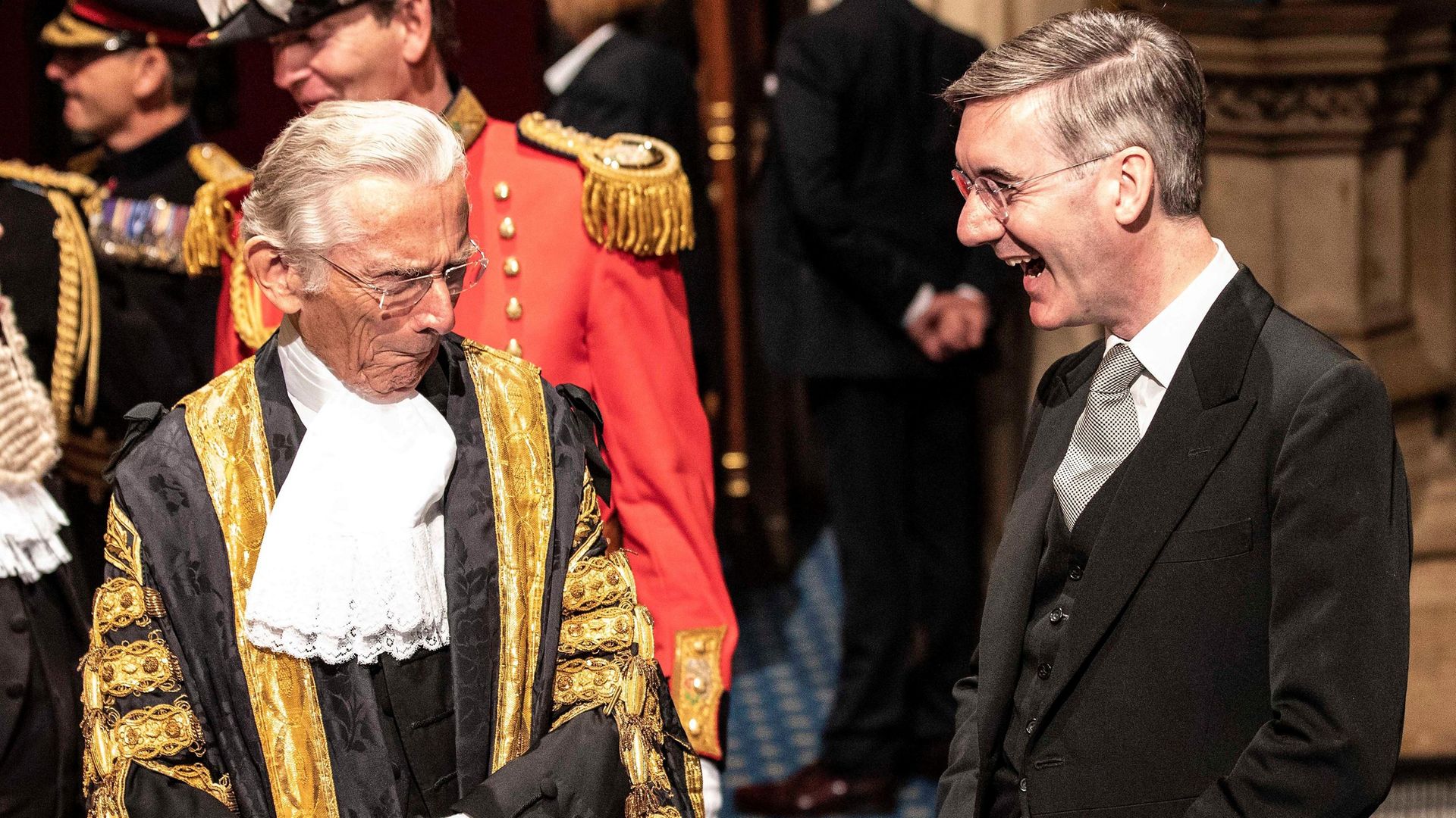 Jacob Rees-Mogg shares a joke with former speaker of the House of Lords Norman Fowler