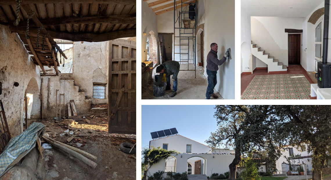 The barn project is detailed in these photos: (clockwise) How it looked at the start; Los muchachos at work; Porcelain tiles laid; The nearly finished article.
Photos: Peter Barron