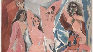 Picasso’s Les Demoiselles d’Avignon,
1907. Inset, Woman With Clasped
Hands (study for Les Demoiselles
d’Avignon), also 1907 and a primitive
Iberian head of a man from Spain’s
National Archaeological Museum. Credit: MOMA, New York City/ Photos:
Mathieu Rabeau/Ángel Martínez Levas