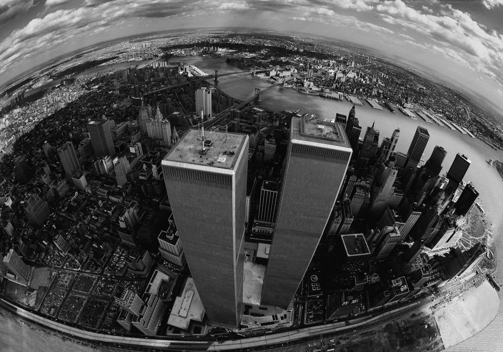 Aerial of Twin Towers (World Trade Center) and New York City and surrounding boroughs of New York City in 1976. Photograph: Brownie Harris/Getty Images.