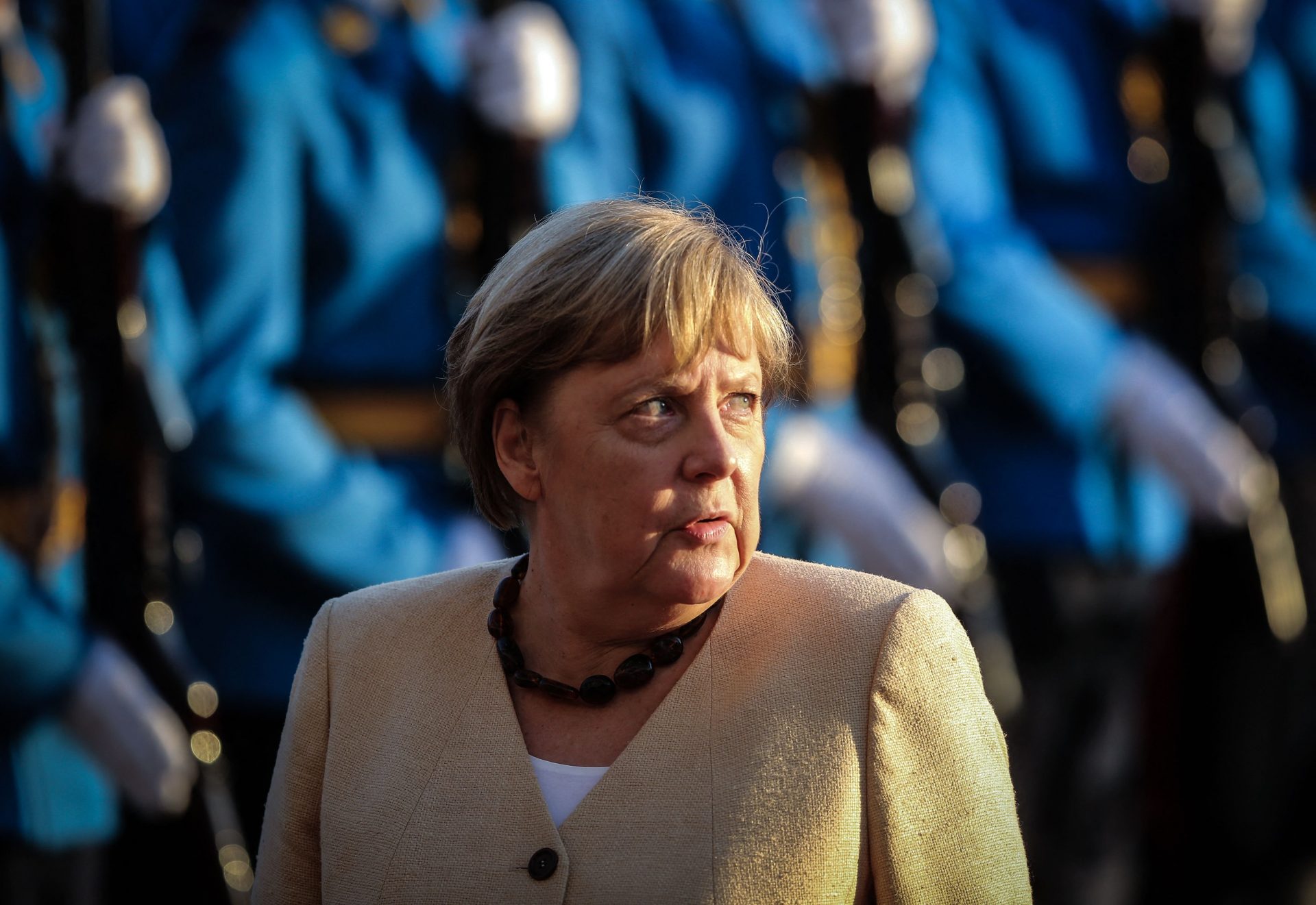 Merkel inspects a military guard of honour in Belgrade, Serbia, this month – on one of her final duties before the election. Photo: OLIVER BUNIC/AFP via Getty Images