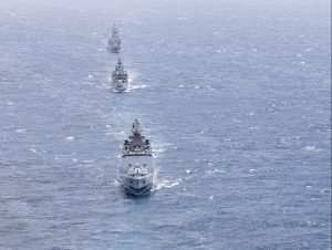 HMAS Rankin, an Australian Collins class submarine, is trailed by warships from the Indian and Australian navies during a training exercise this month. Photo: Australian Defence Force via Getty Images