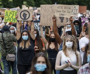 People take part in a Black Lives Matter protest rally at Woodhouse Moor in Leeds, in memory of George Floyd. Photograph: Danny Lawson/PA Archive/PA Images.
