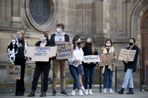 Students protest outside the McEwan Hall in Bristo Square, Edinburgh, against the University of Edinburgh's treatment of students. Photograph: PA.
