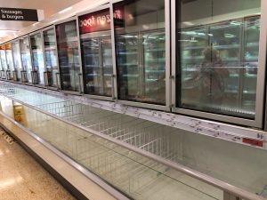 The empty sausage and burger section of the freezer aisle at the Sainsbury supermarket at the Arnison Centre, Durham. Photograph: PA Images.