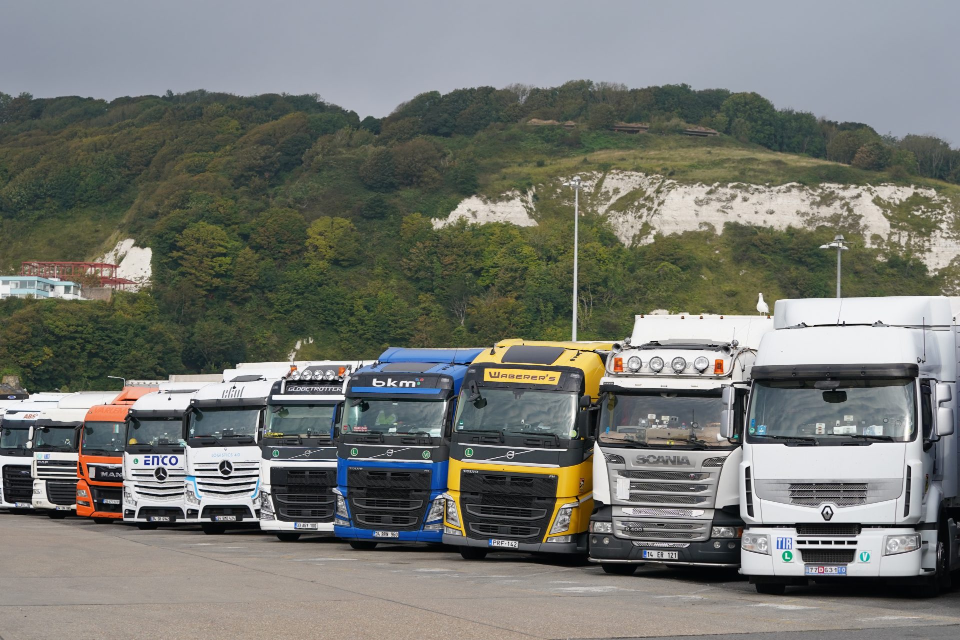 European lorries parked in Dover, Kent, as the Government is considering temporary measures to tackle the shortage of HGV drivers. Photograph: PA.