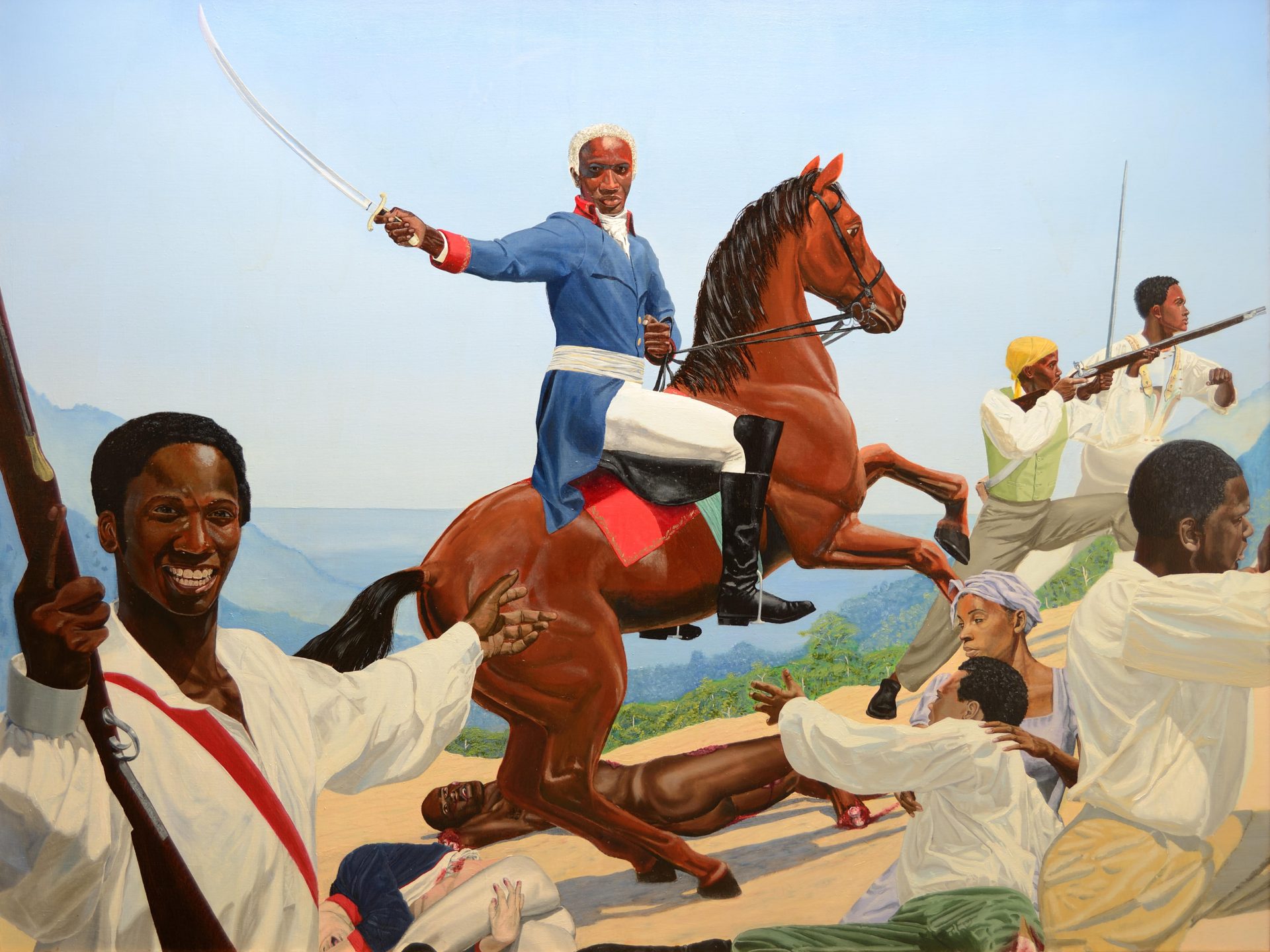 Kimathi Donkor’s Touissant
L’Ouverture at Bedourette, a
reworking of Jacques-Louis David’s
Napoleon Crossing the Alps, below. Credit: Kimathi Donkor