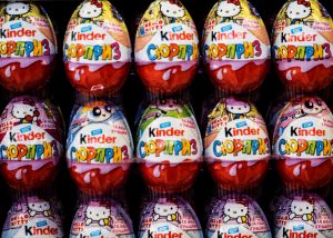 Kinder Surprise Eggs on sale in a Ukrainian store and, below, their multilingual warning message. Photo: LightRocket via Getty Images