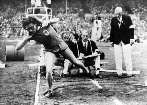 Micheline Ostermeyer, as she takes her gold medal-winning throw in the Olympics shot put at Wembley Stadium, in 1948 Photo: Gamma-Keystone via Getty Images