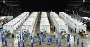 A dystopian-looking vaccine centre at Belfast’s Odyssey Arena. Photo: Charles McQuillan.