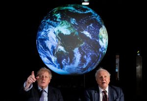 The Prime Minister Boris Johnson (left) and Sir David Attenborough at the launch of the next COP26 UN Climate Summit at the Science Museum, London. Photograph: Chris J Ratcliffe/PA Archive/PA Images.