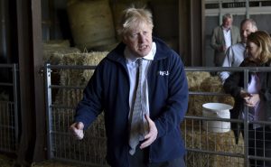 Prime Minister Boris Johnson during a visit to the Moor Farm in Stoney Middleton, north Derbyshire. Photograph: PA.