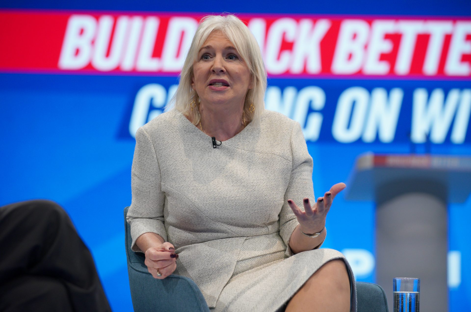 Culture Secretary Nadine Dorries on the main stage during the Conservative Party Conference. Photo: Peter Byrne/PA Wire/PA Images