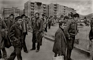 Locals in the centre of Korçë, in eastern Albania, look wary when photographed in June 1990. The communist regime remained in place, but its downfall was looming. Suspicion of foreigners was encouraged and anyone seen in conversation with them was questioned by the Sigurimi  Photo: Pictures Ltd./Corbis via Getty Images