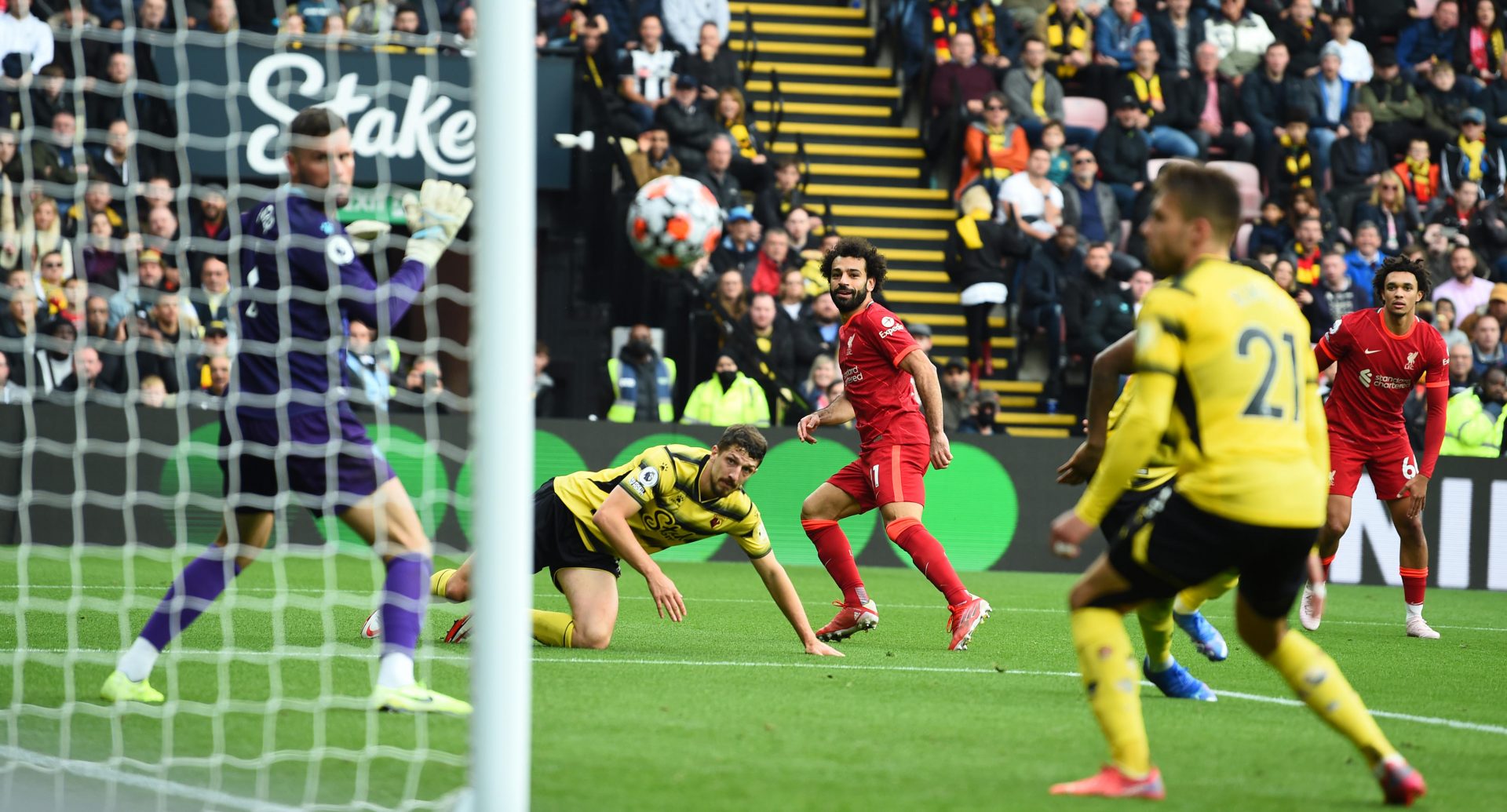 Mohamed Salah of Liverpool caps a twisting run with a magical goal against Watford. Photo: Andrew Powell/ Liverpool FC via Getty Images