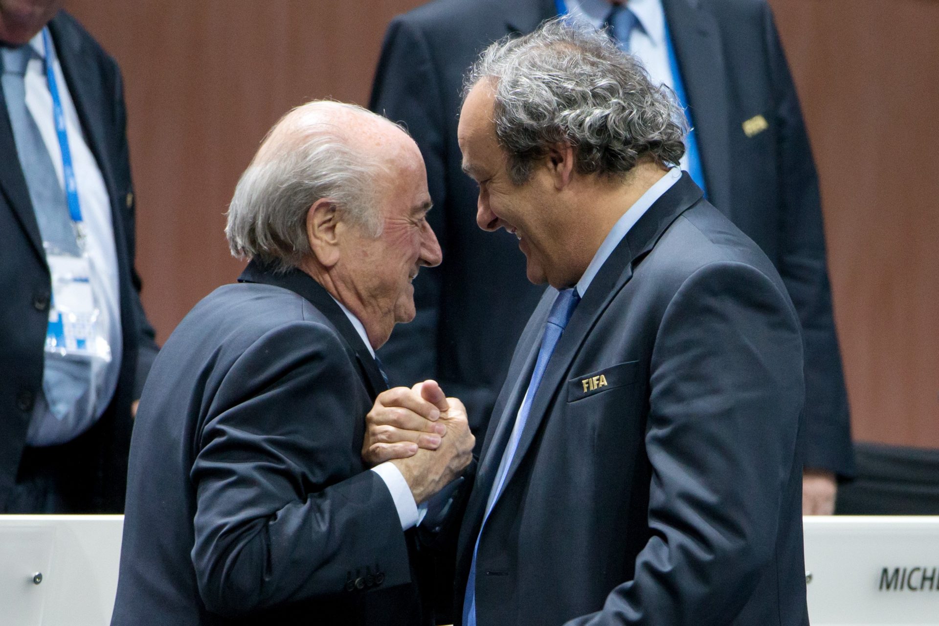 Sepp Blatter, left, and Michel Platini in 2015. Both are now football outcasts facing corruption charges. Photo: Philipp Schmidli/
Getty Images.