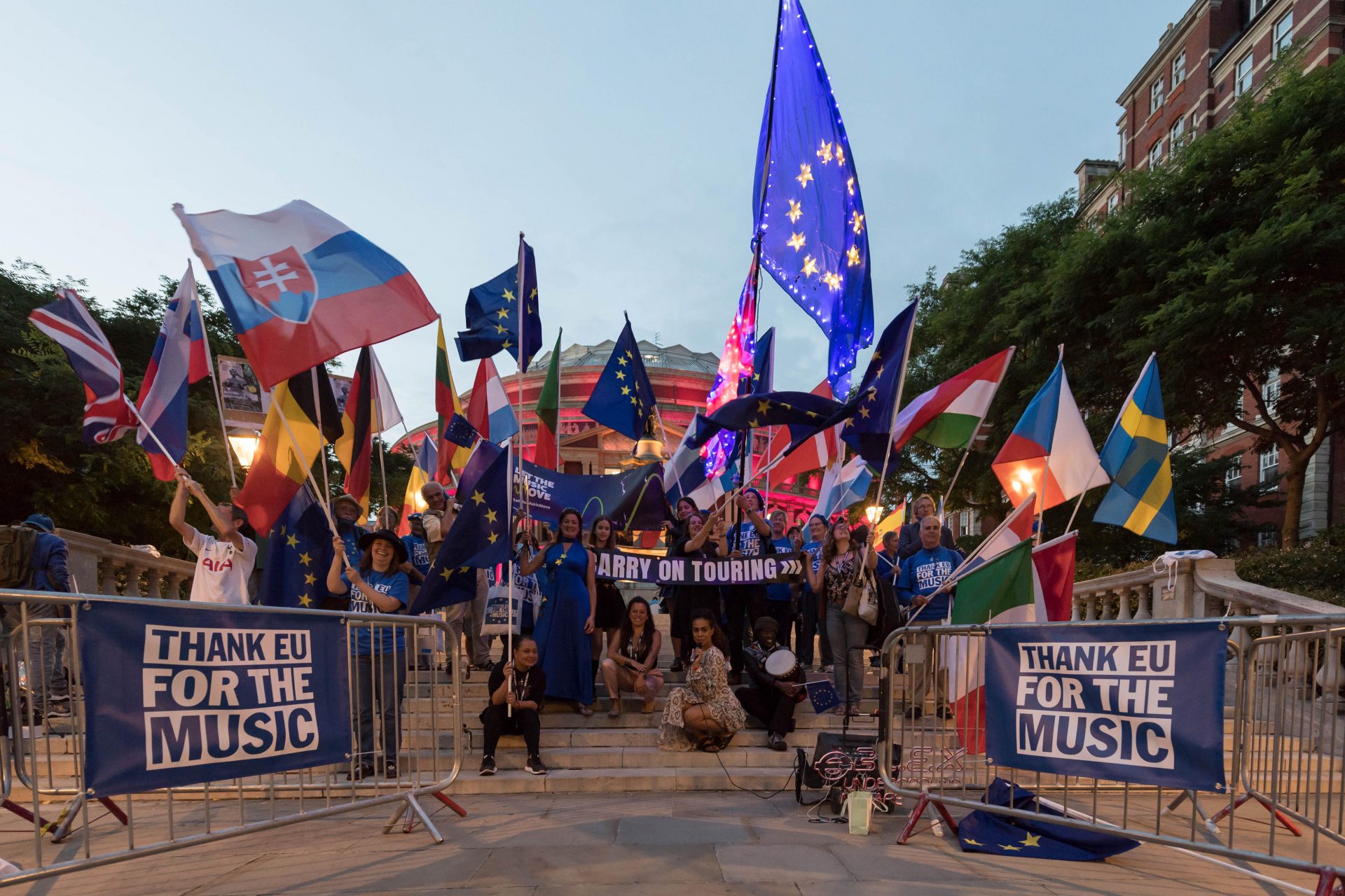 Pro-EU activists, musicians and touring artists outside the Royal Albert Hall ahead of the Last Night of the Proms earlier this year. Photo: Wiktor Szymanowicz/Barcroft
Media/Getty Images.
