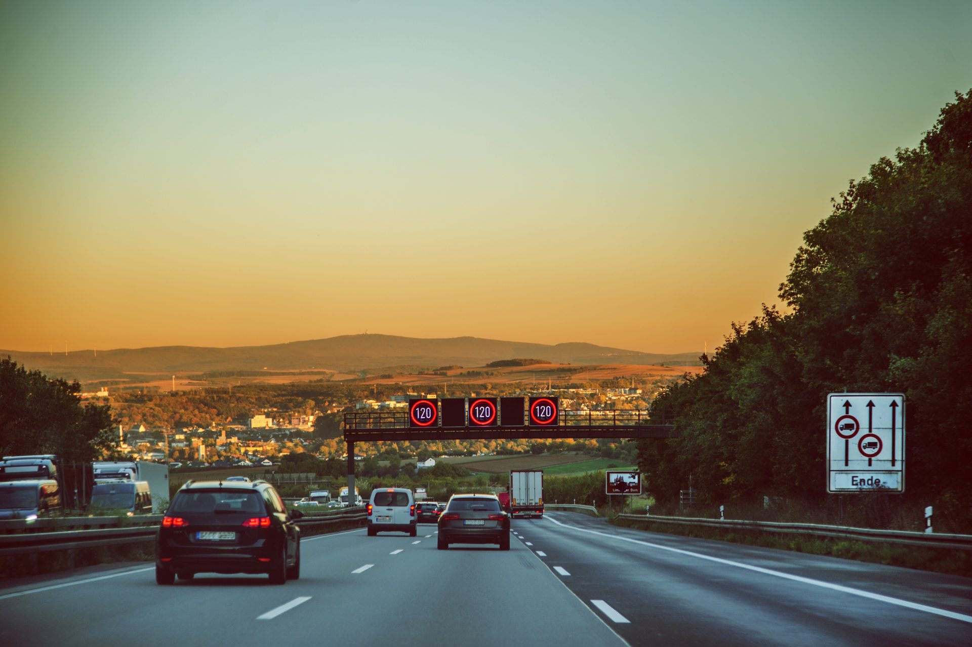 A driver's view of a German motorway with cars during a sunset in late summer. Photograph: Getty Images.