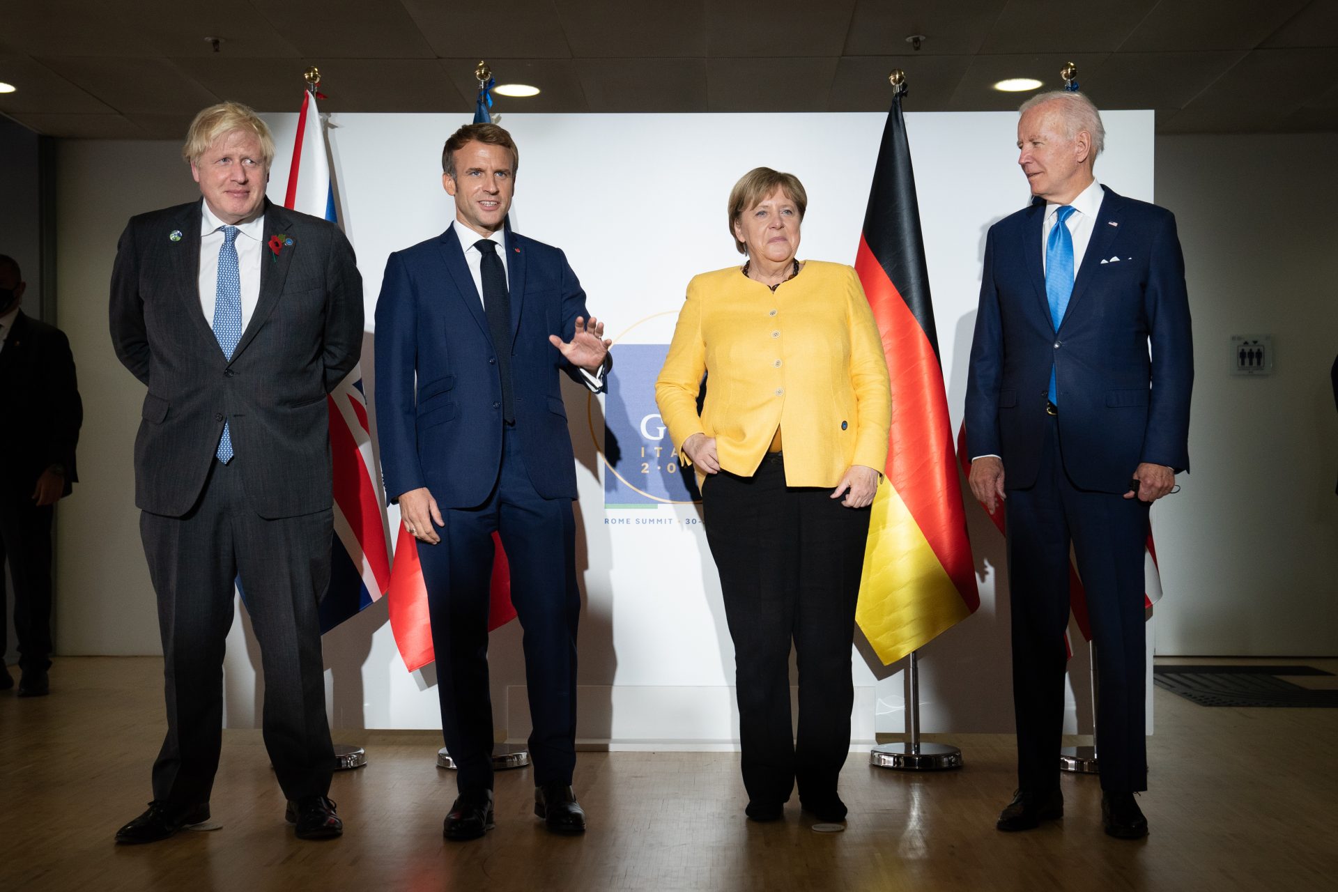 British Prime Minister Boris Johnson, French President Emmanuel Macron, German Chancellor Angela Merkel, and U.S. President Joe Biden at a meeting at the La Nuvola conference center for the G20 summit in Rome, Italy. Photograph: Getty Images.