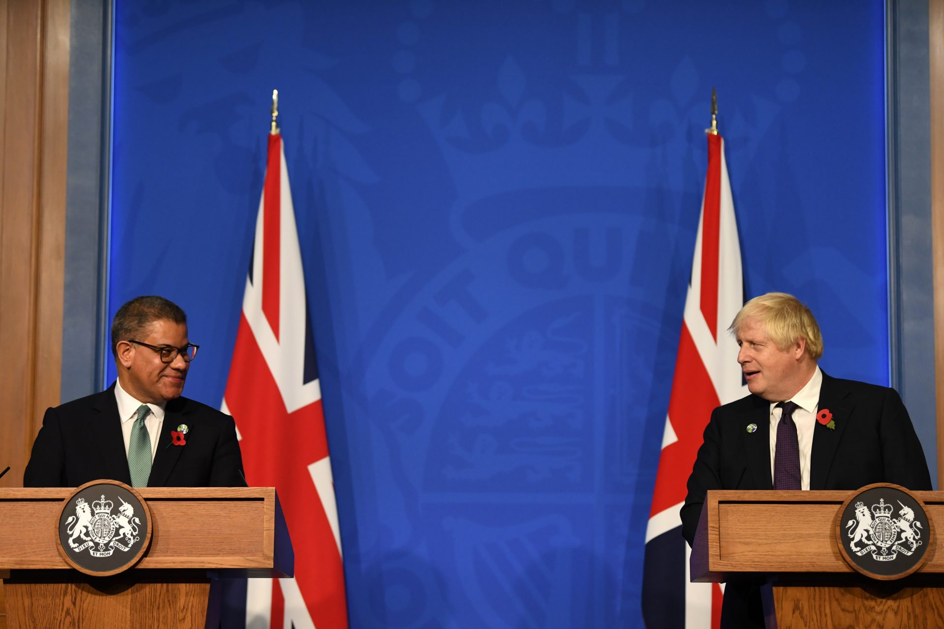 Alok Sharma, President of Cop26, and Boris Johnson, during a press conference about the recent summit. Photo: Daniel Leal/PA Wire/PA Images.
