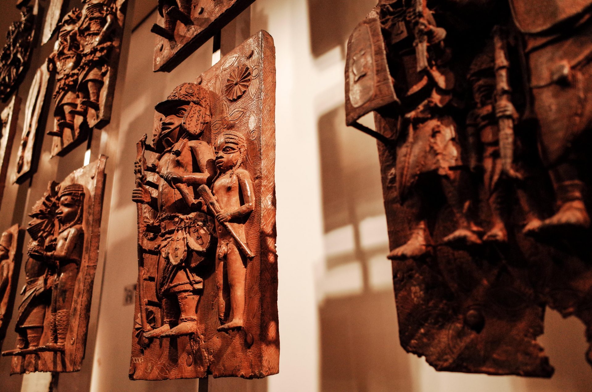 Some of the Benin Bronzes on show at the British Museum. Photo: David Cliff/SOPA Images/LightRocket/Getty Images.