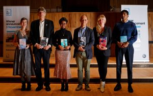 Nominees for the 2021 Booker Prize for Fiction, from left, Patricia Lockwood,Richard Powers, Nadifa Mohamed, Damon Galgut, Maggie Shipstead and Anuk Arudpragasam. Photo: Tolga Akmen / AFP) via Getty Images