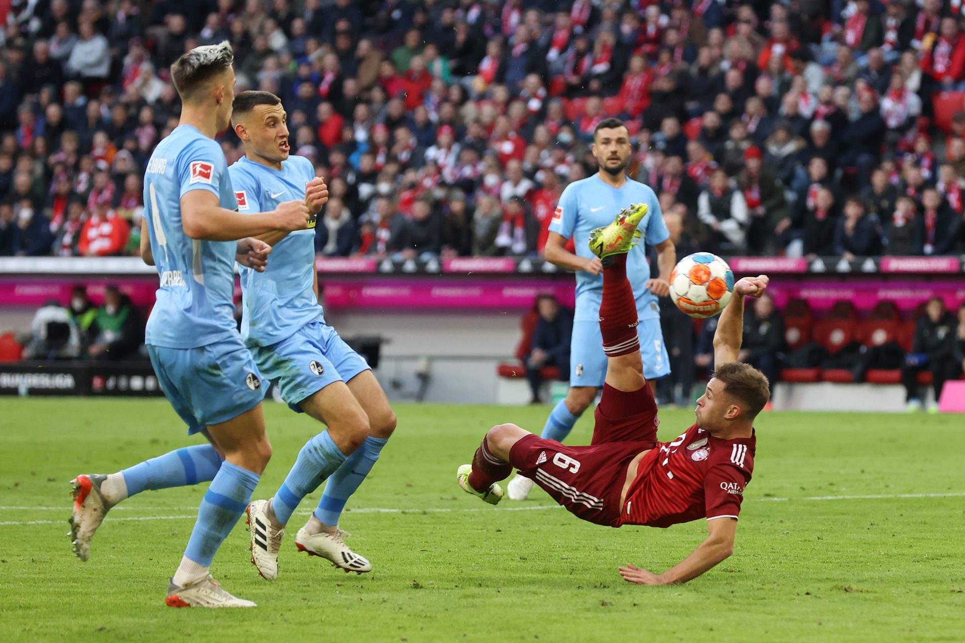 Bayern Munich’s Joshua Kimmich tries an overhead kick during their Bundesliga win against SC Freiburg. Photo: Alexander Hassenstein/Getty Images